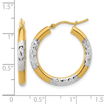 10K Yellow Gold With Rhodium Diamond Cut 3mm Hoop Earrings