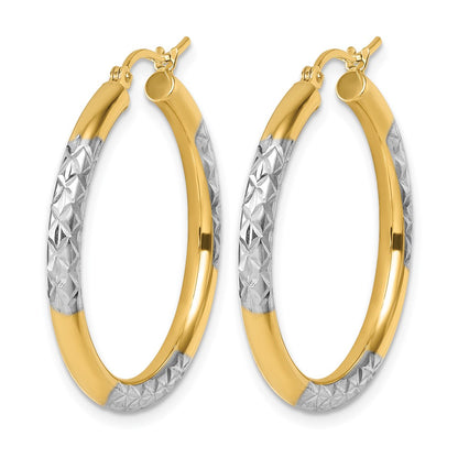 10K Yellow Gold With Rhodium Diamond Cut 3mm Hoop Earrings