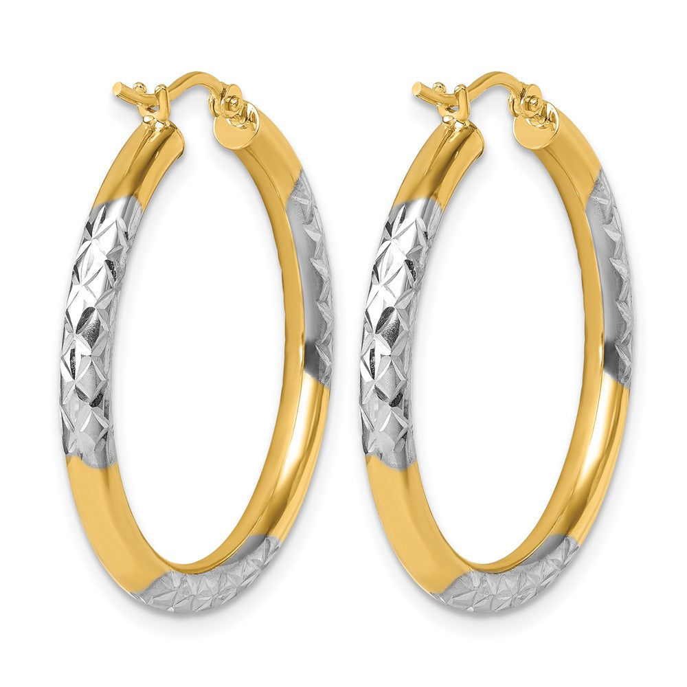 10K Yellow Gold With Rhodium Diamond Cut 3mm Hoop Earrings