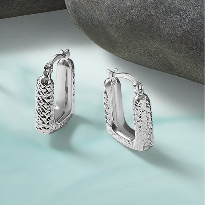 10K White Gold Polished And Diamond Cut Square Hoop Earrings
