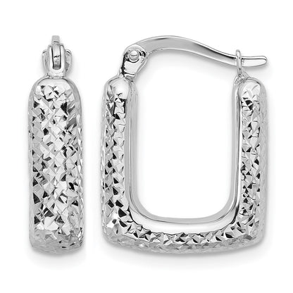 10K White Gold Polished And Diamond Cut Square Hoop Earrings