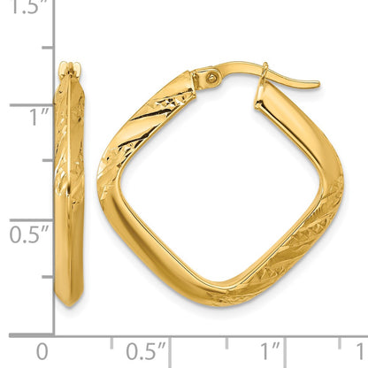 10K Yellow Gold Polished And Diamond Cut Square Hoop Earrings