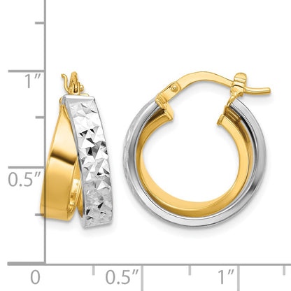10K Yellow Rhodium White Polished And Diamond Cut Hoop Earrings