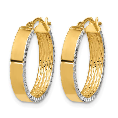 10K Yellow Rhodium W/ White Polished And Diamond Cut Hoop Earrings
