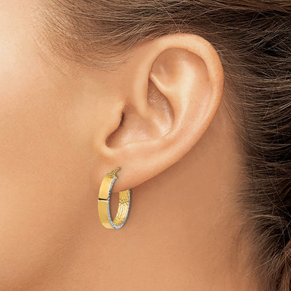 10K Yellow Rhodium W/ White Polished And Diamond Cut Hoop Earrings