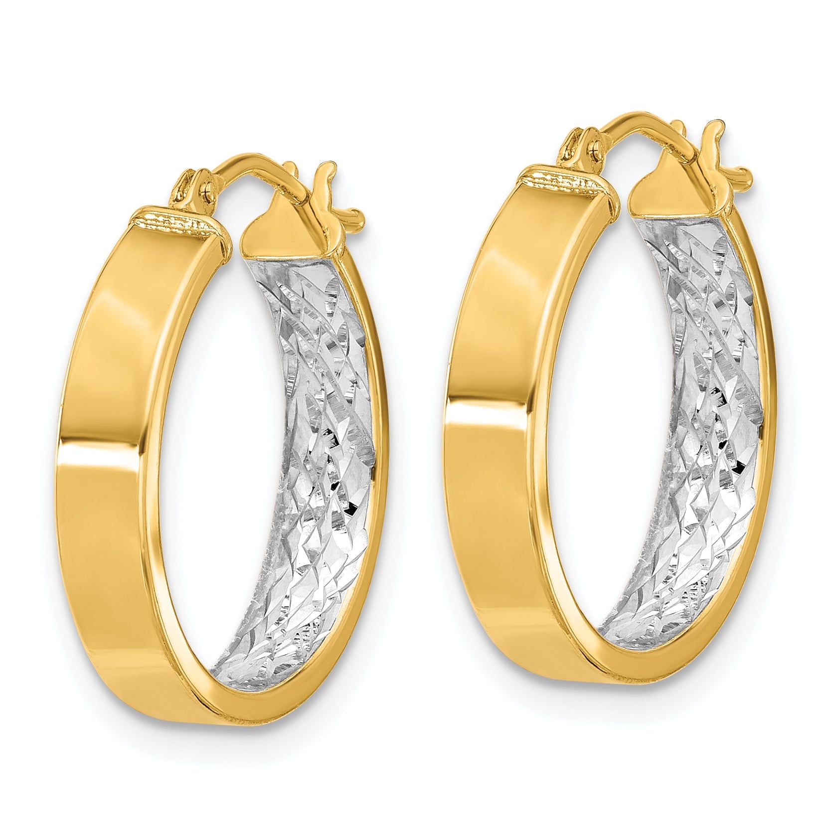 10K Yellow Rhodium W/ White Polished And Diamond Cut Hoop Earrings