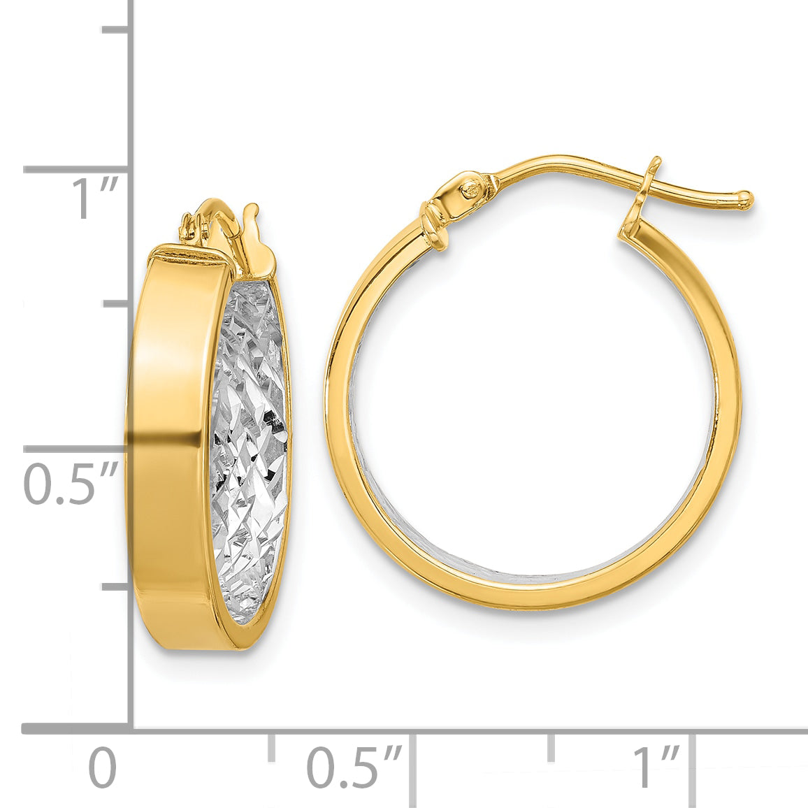 10K Yellow Rhodium W/ White Polished And Diamond Cut Hoop Earrings