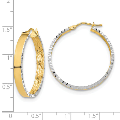 10K Yellow Rhodium W/ White Polished And Diamond Cut Hoop Earrings