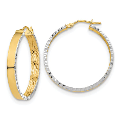 10K Yellow Rhodium W/ White Polished And Diamond Cut Hoop Earrings