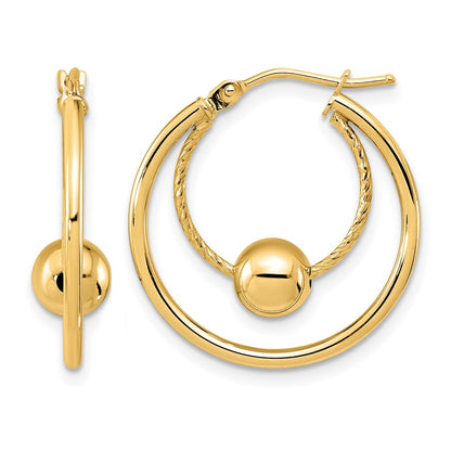 10K Yellow Gold Polished Textured W/ 6mm Ball Hoop Earrings