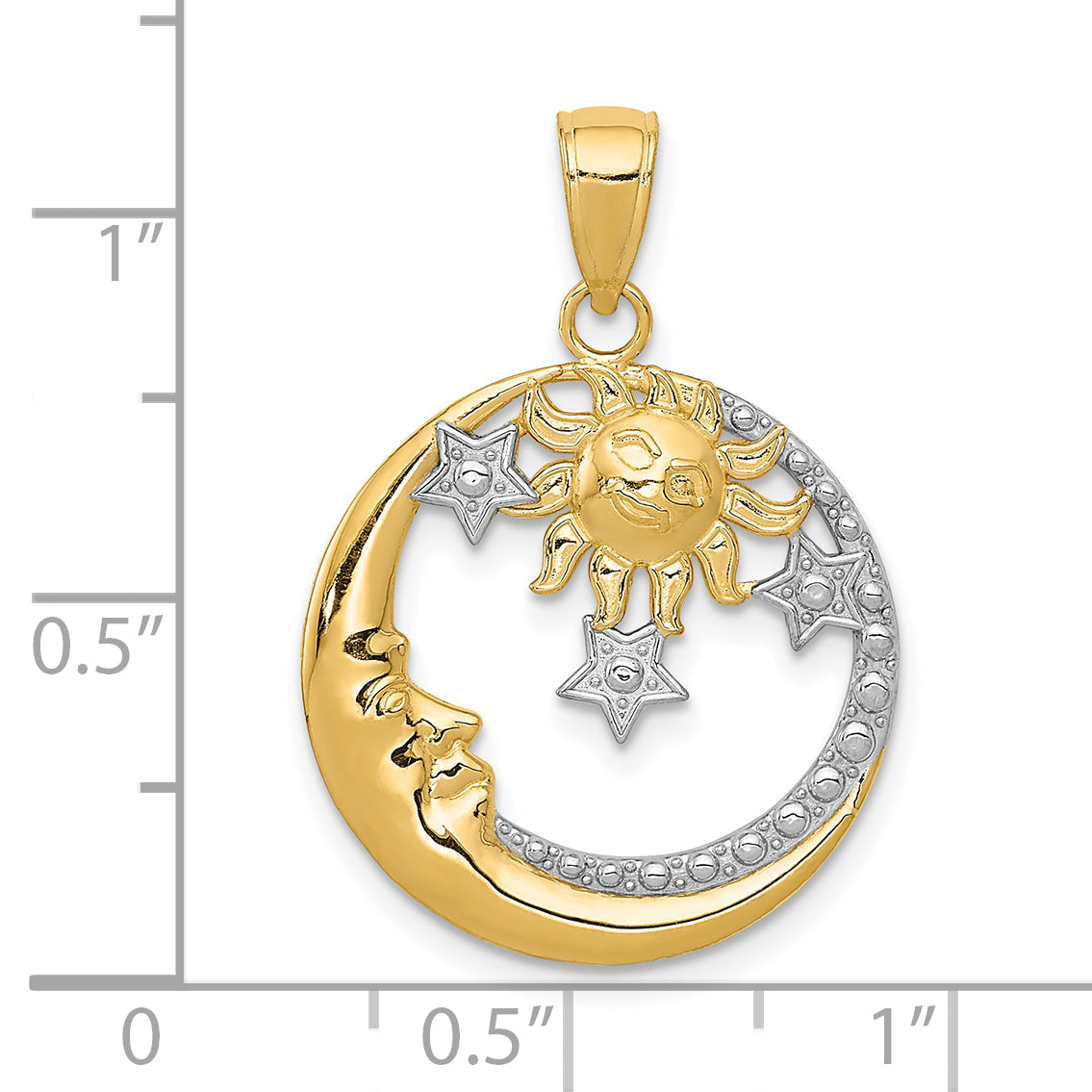 10K Yellow W/Rhodium And Rhodium D/C Moon, Stars, Sun Pendant