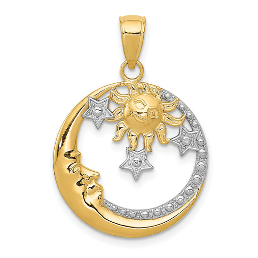 10K Yellow W/Rhodium And Rhodium D/C Moon, Stars, Sun Pendant