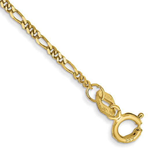7 Inch 10K Yellow Gold 1.25mm Flat Figaro Pendant Chain Bracelet