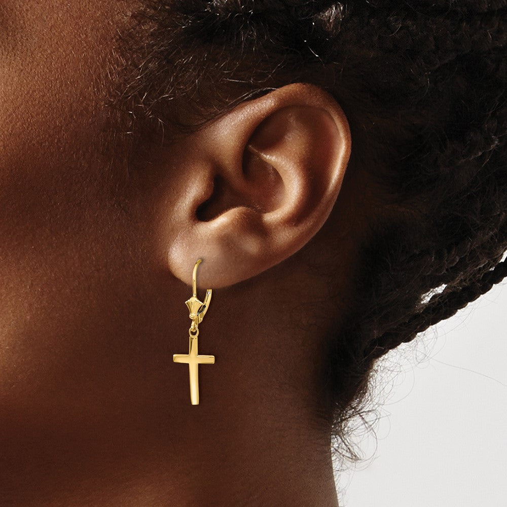 10K Yellow Gold Polished Cross Leverback Earrings