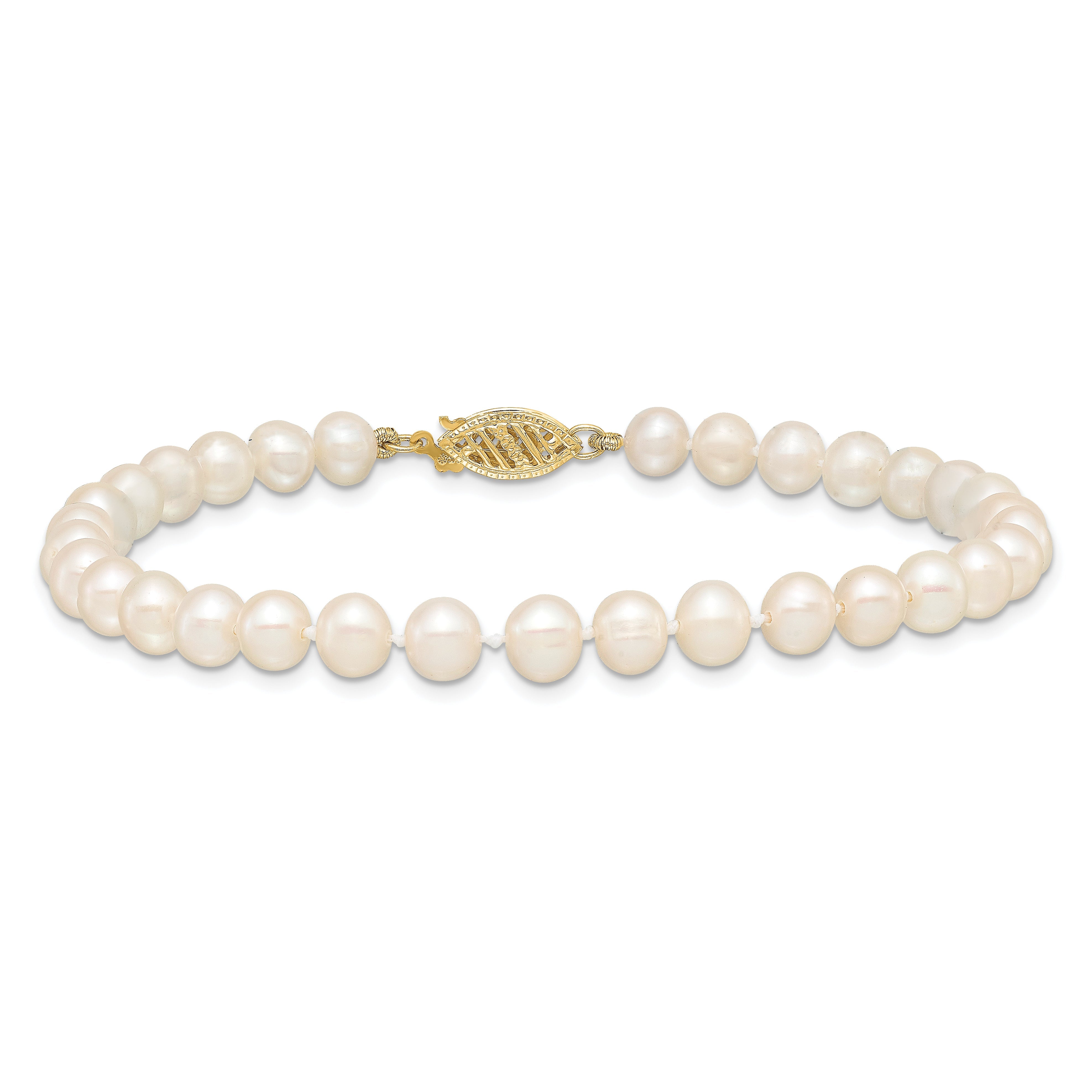 10K Yellow Gold 5-6mm White Near-Round Freshwater Cultured Pearl 7.5 Inch Bracelet