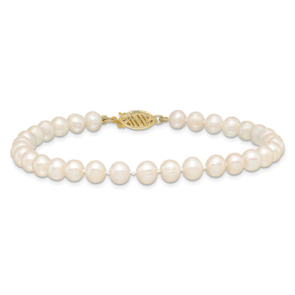 10K Yellow Gold 5-6mm White Near-Round Freshwater Cultured Pearl 7.5 Inch Bracelet