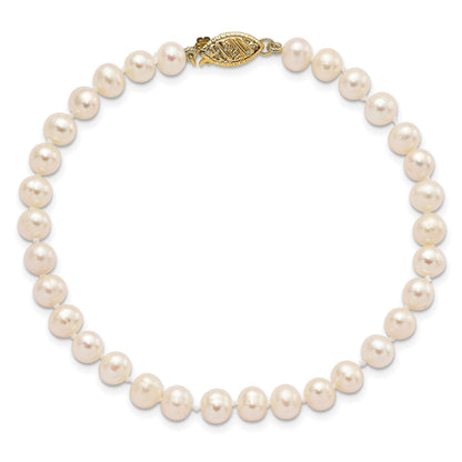 10K Yellow Gold 5-6mm White Near-Round Freshwater Cultured Pearl 7.5 Inch Bracelet
