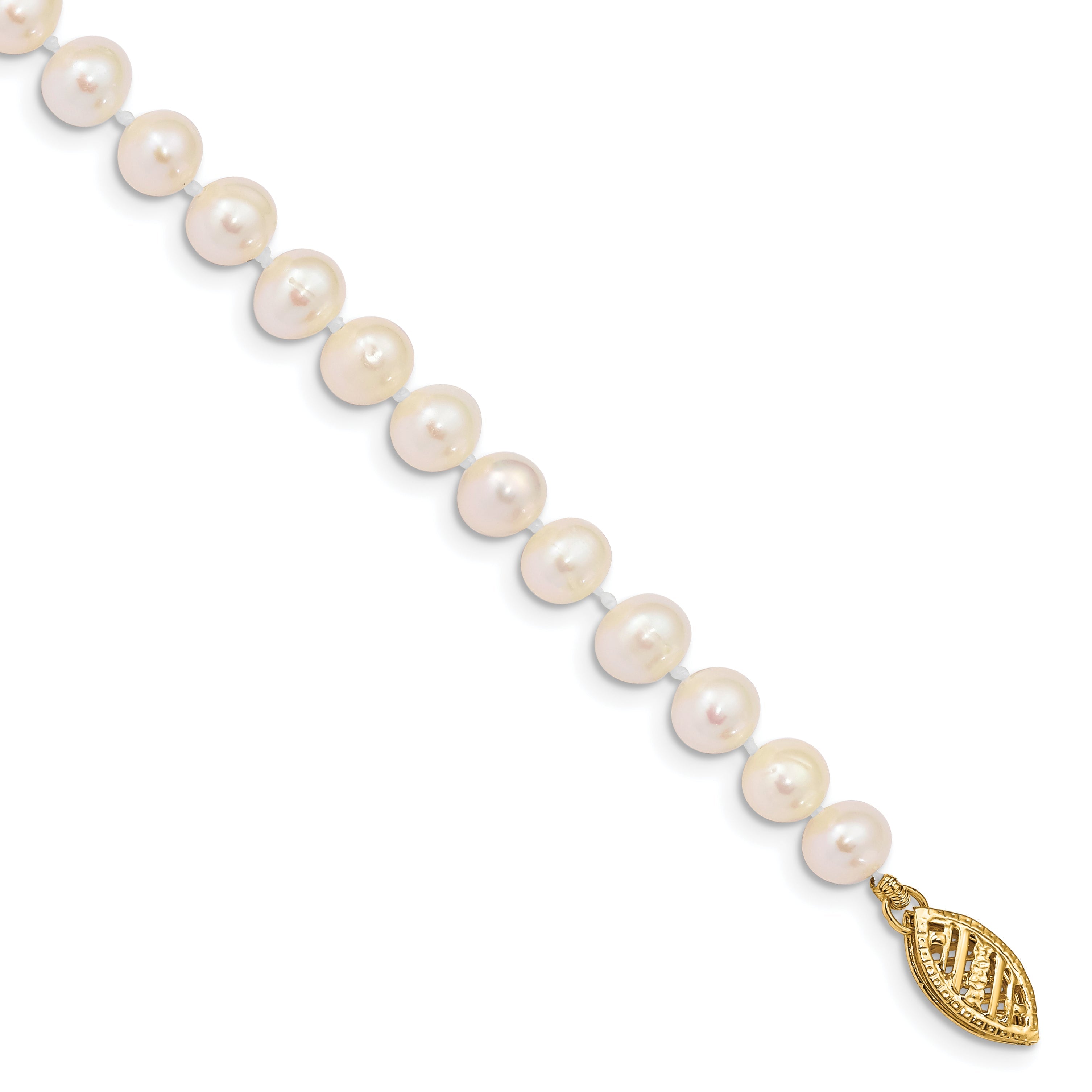 10K Yellow Gold 5-6mm White Near-Round Freshwater Cultured Pearl 7.5 Inch Bracelet