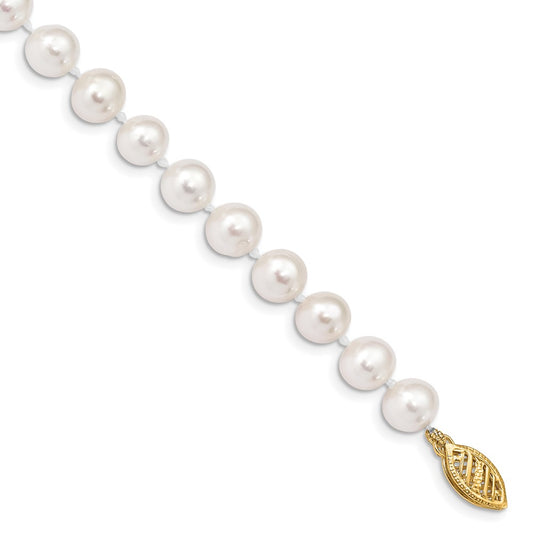 10K Yellow Gold 6-7mm White Near-Round Freshwater Cultured Pearl 7.5 Inch Bracelet
