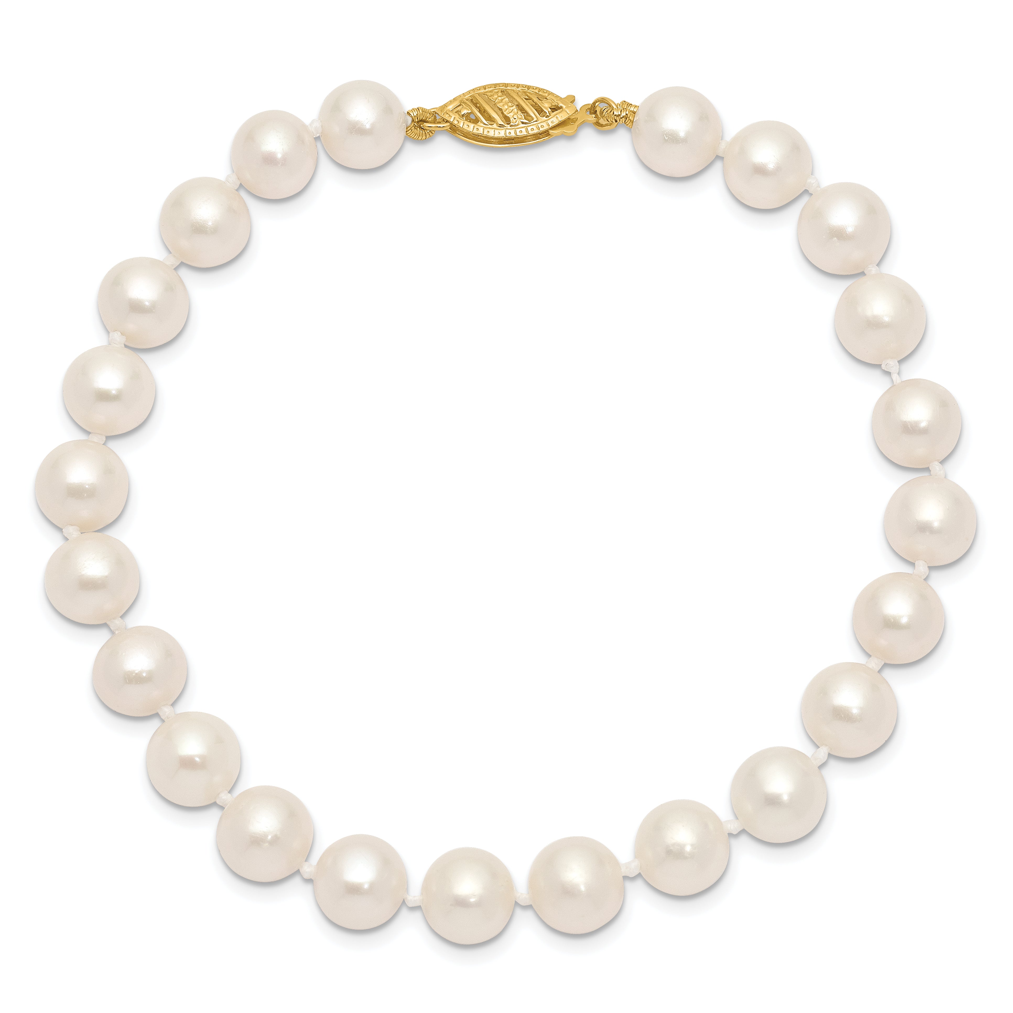 10K Yellow Gold 7-8mm White Near-Round Freshwater Cultured Pearl 7.5 Inch Bracelet
