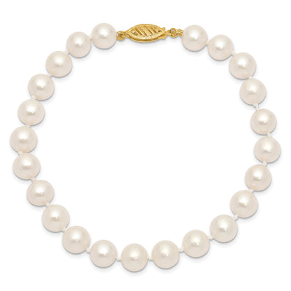 10K Yellow Gold 7-8mm White Near-Round Freshwater Cultured Pearl 7.5 Inch Bracelet