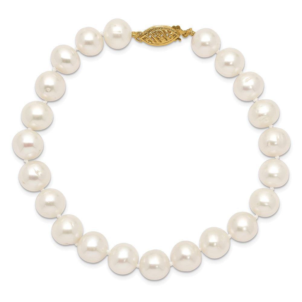 10K Yellow Gold 8-9mm White Near Round Freshwater Cultured Pearl 7.5 Inch Bracelet
