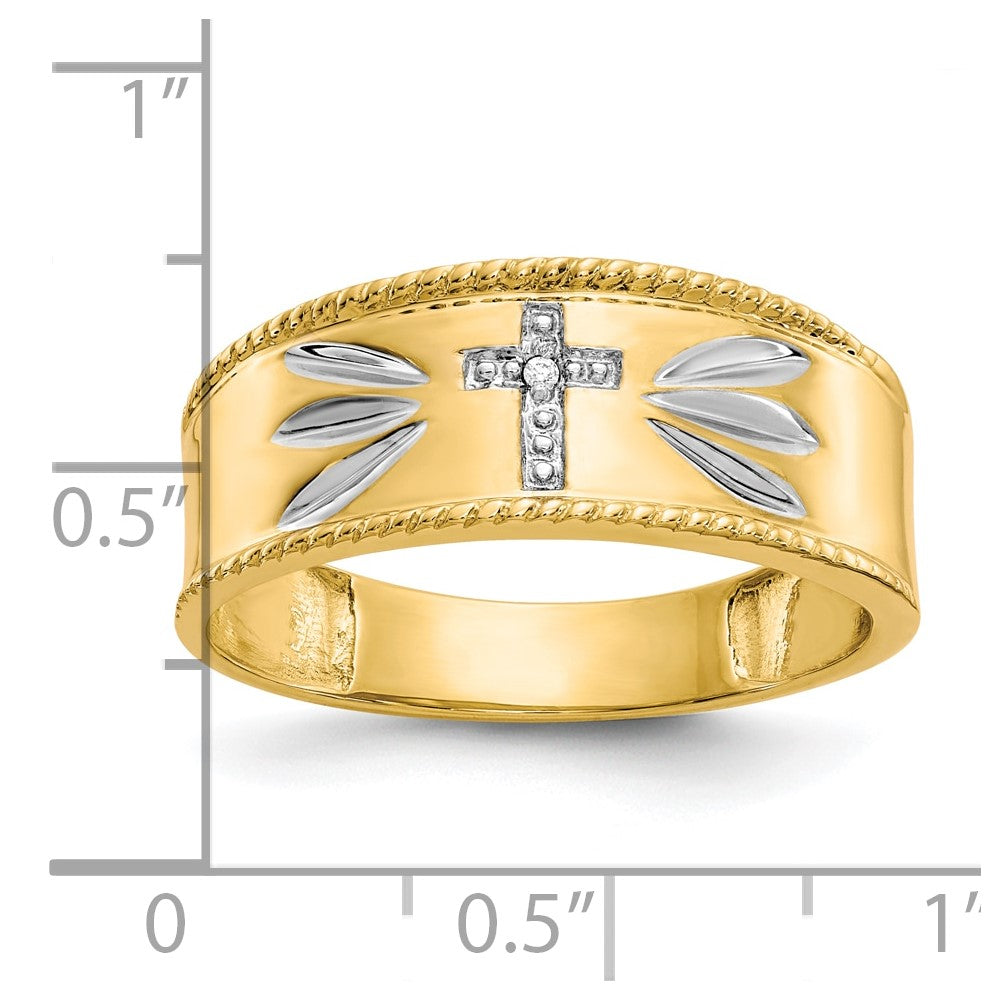 10K Yellow Gold & Rhodium .01ct. Real Diamond Trio Men's Cross Wedding Band