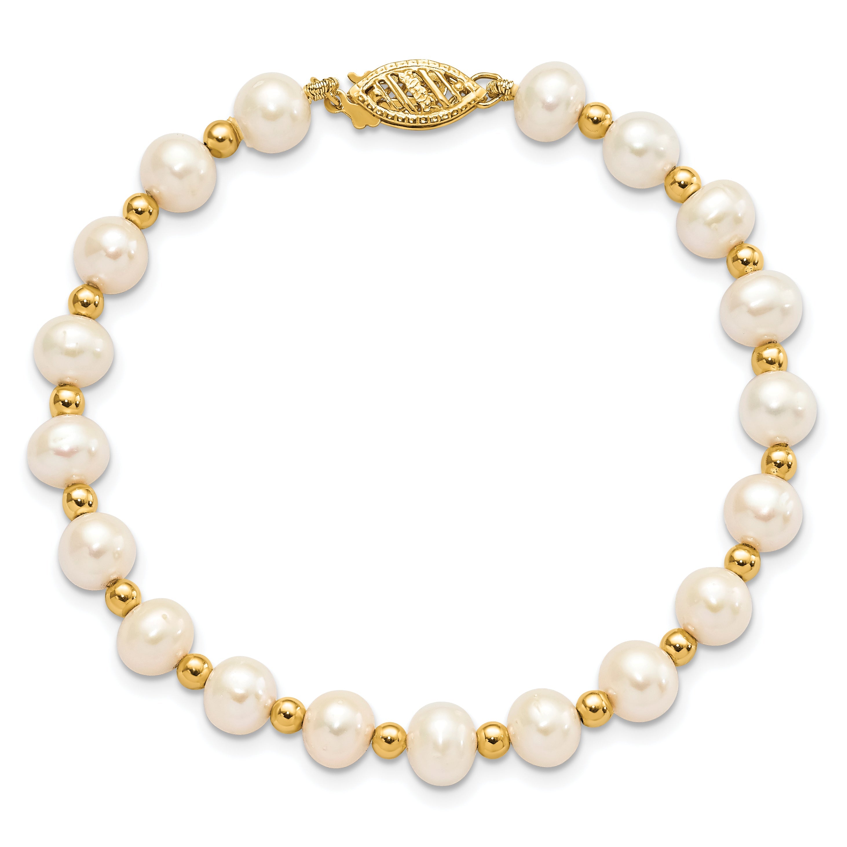 10K Yellow Gold 6-7mm White Near Round Freshwater Cultured Pearl Beaded 7 Inch Bracelet