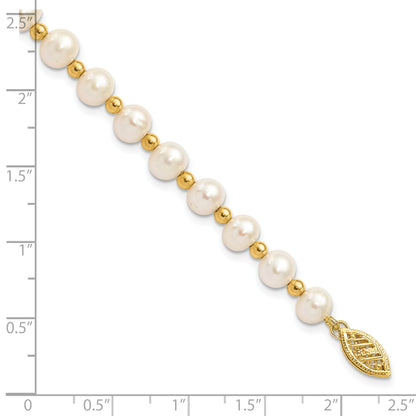 10K Yellow Gold 6-7mm White Near Round Freshwater Cultured Pearl Beaded 7 Inch Bracelet