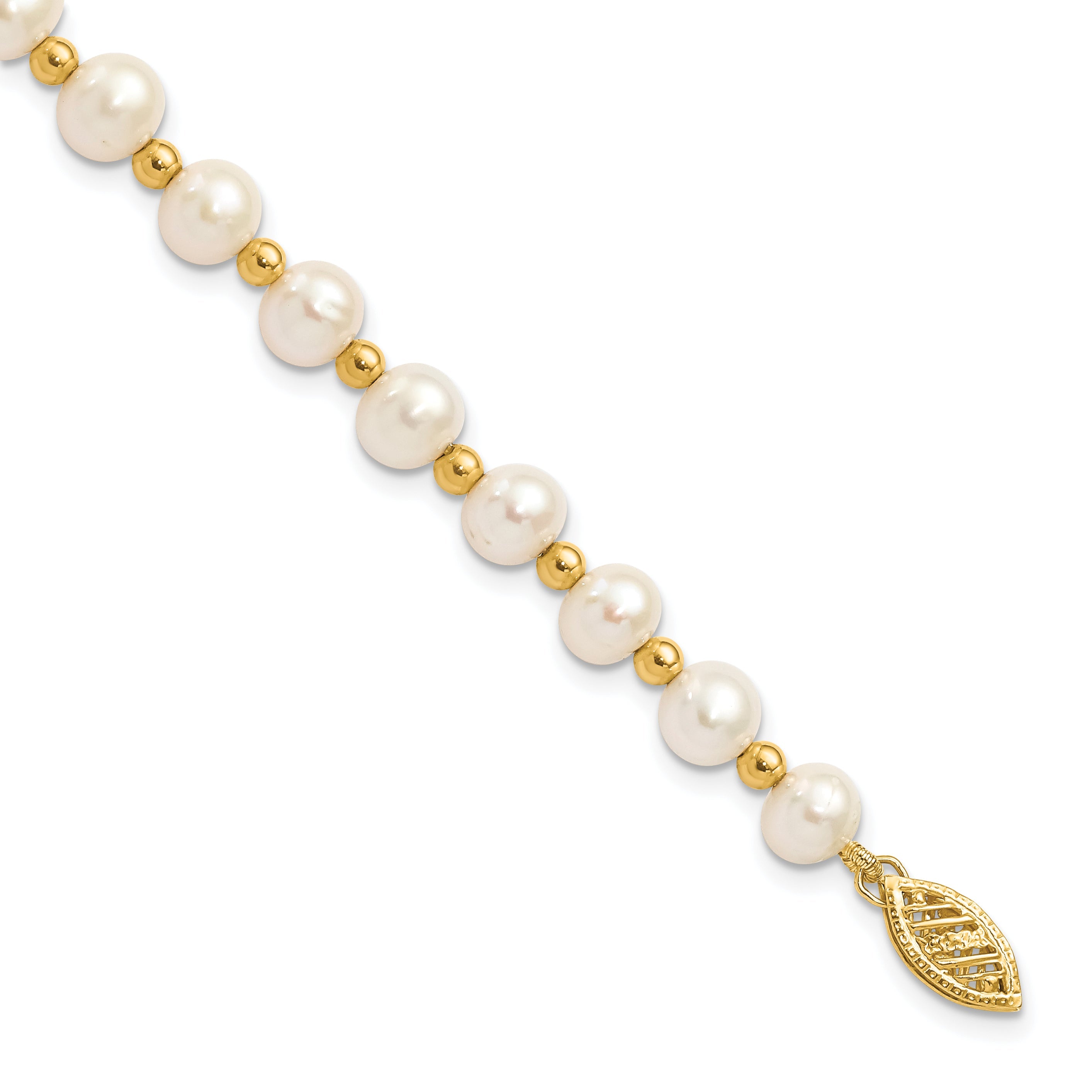 10K Yellow Gold 6-7mm White Near Round Freshwater Cultured Pearl Beaded 7 Inch Bracelet