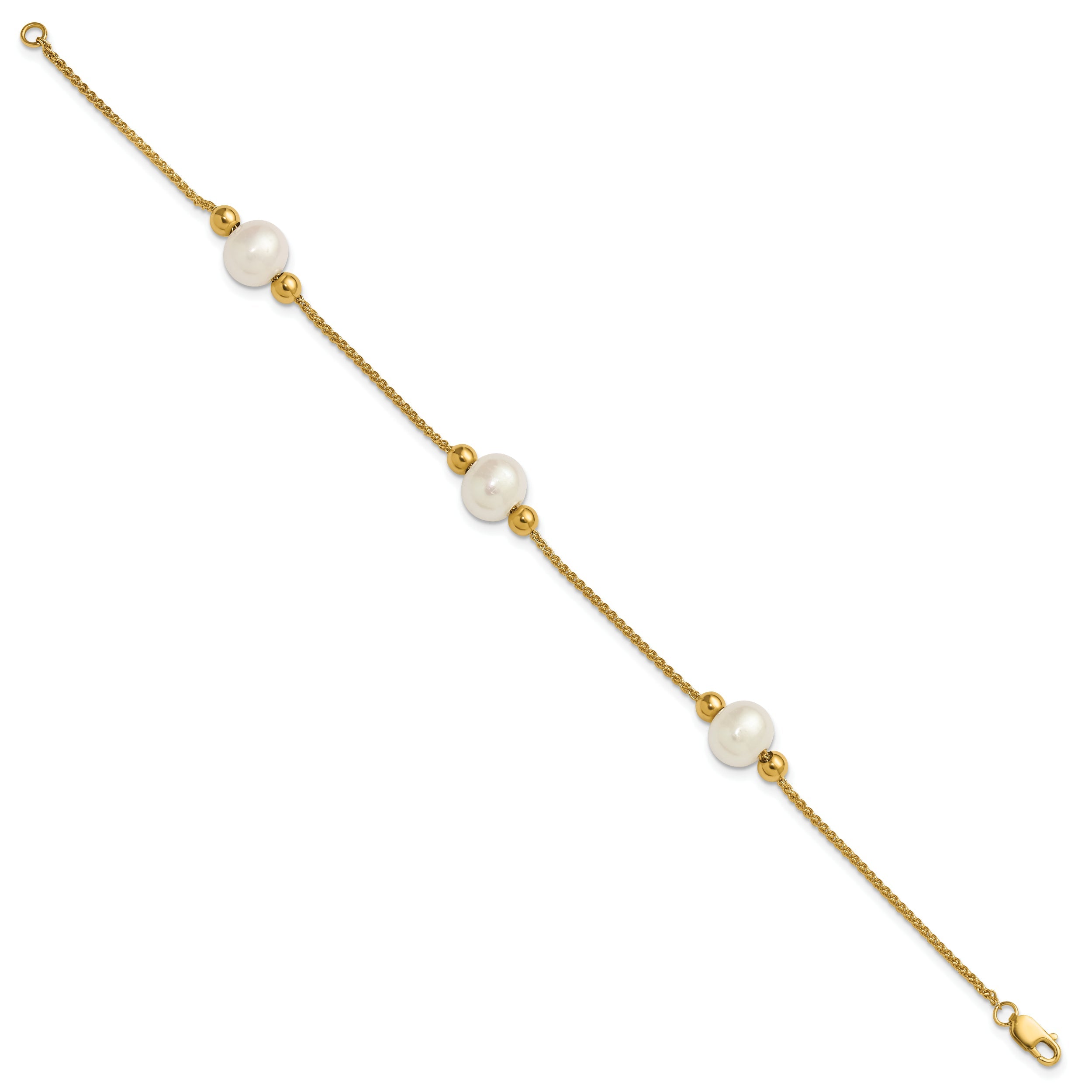 10K Yellow Gold Polished 8-9mm Semi-Round White Freshwater Cultured Pearl 3-Station 7.5 Inch Bracelet