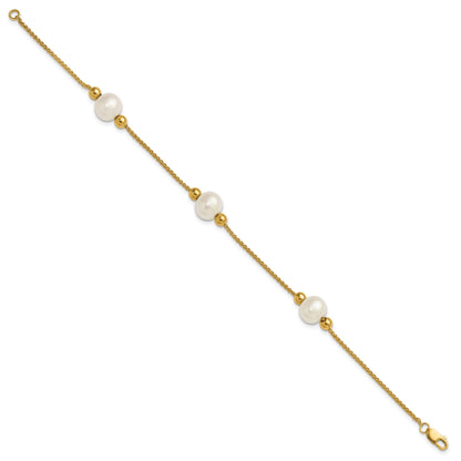 10K Yellow Gold Polished 8-9mm Semi-Round White Freshwater Cultured Pearl 3-Station 7.5 Inch Bracelet