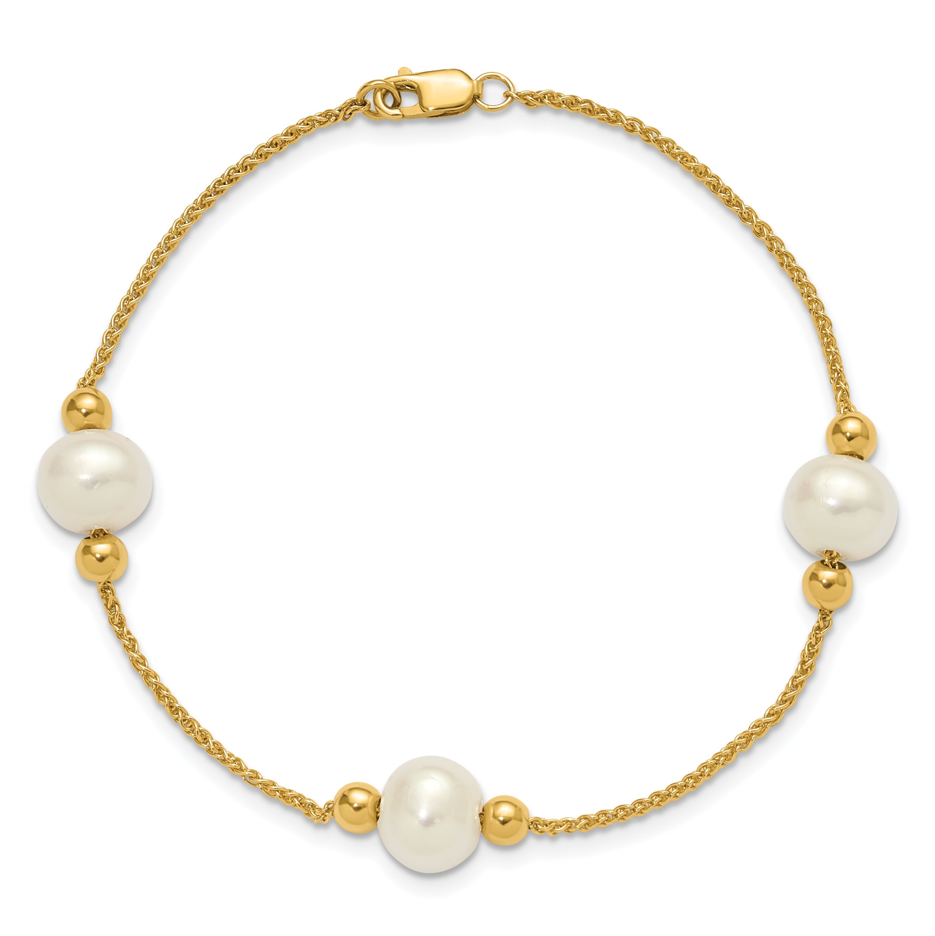 10K Yellow Gold Polished 8-9mm Semi-Round White Freshwater Cultured Pearl 3-Station 7.5 Inch Bracelet