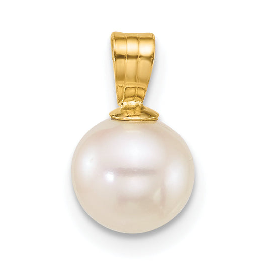 10K Yellow Gold Polished 7-8mm Round White Freshwater Cultured Pearl Pendant
