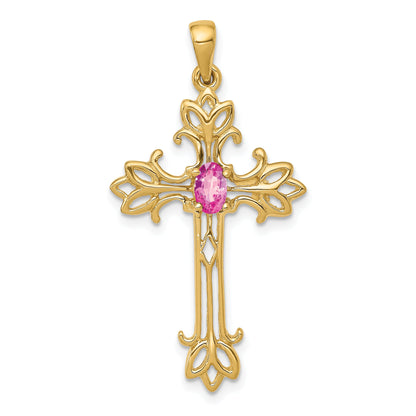 10K Yellow Gold 5X3mm Oval Pink Sapphire Cross Pendant
