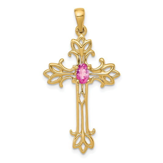 10K Yellow Gold 5X3mm Oval Pink Sapphire Cross Pendant