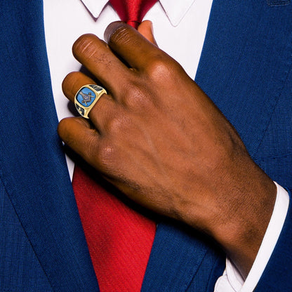 10K Yellow Gold Men'S Polished, Antiqued And Textured With Imitation Blue Spinel Masonic Ring