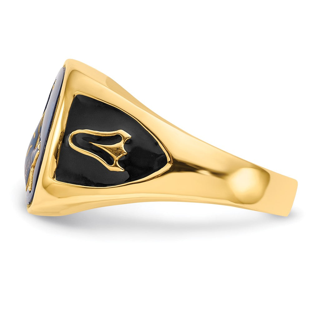 10K Yellow Gold Men'S Polished, Antiqued And Textured With Imitation Blue Spinel Masonic Ring