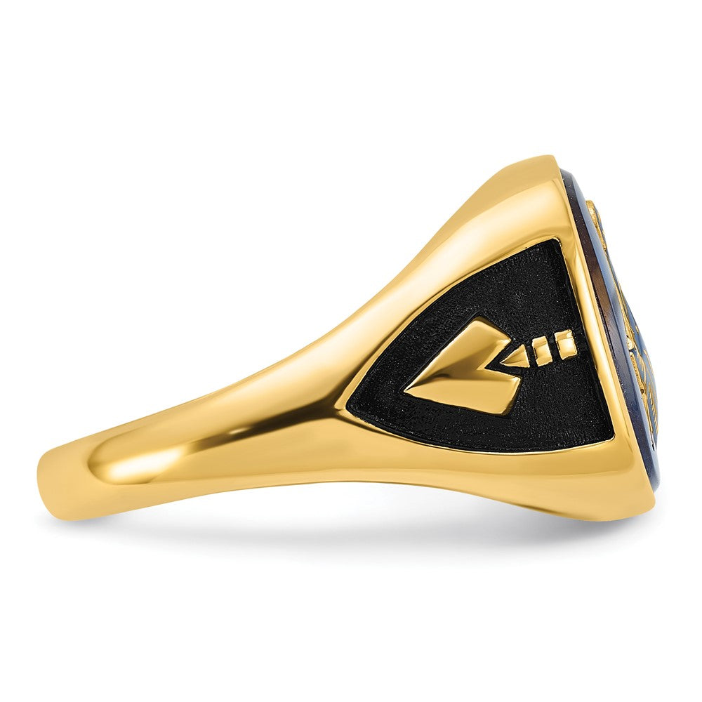 10K Yellow Gold Men'S Polished, Antiqued And Textured With Imitation Blue Spinel Masonic Ring
