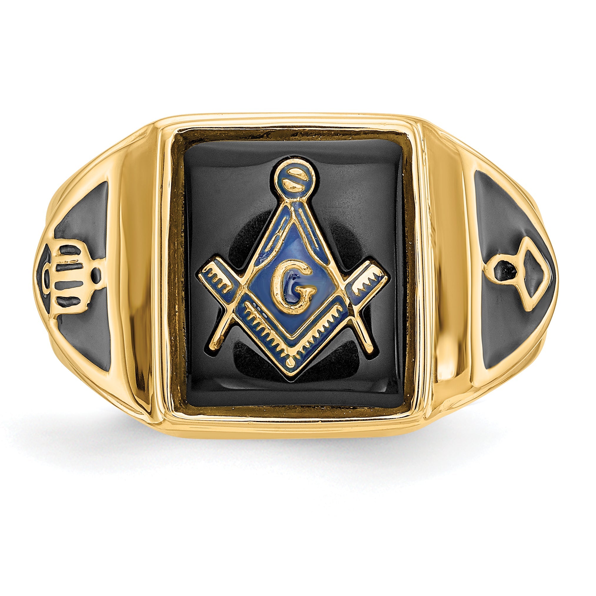 10K Yellow Gold Men'S Polished, Antiqued & Textured Onyx Masonic Ring