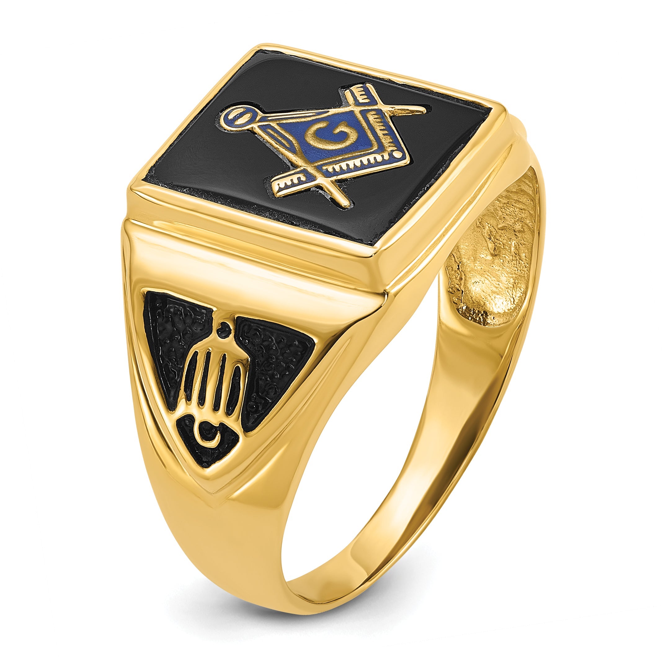 10K Yellow Gold Men'S Polished, Antiqued & Textured Onyx Masonic Ring