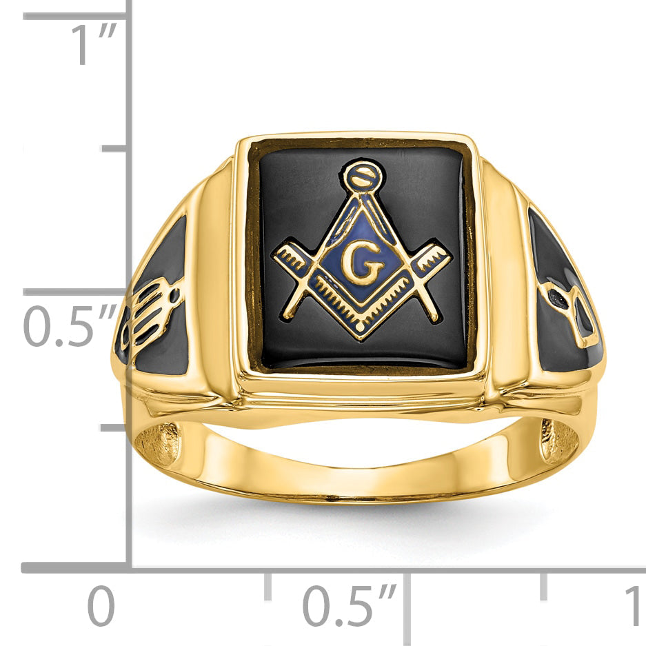 10K Yellow Gold Men'S Polished, Antiqued & Textured Onyx Masonic Ring