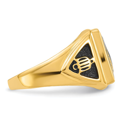 10K Yellow Gold Men'S Polished, Antiqued & Textured Onyx Masonic Ring