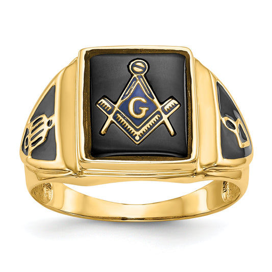 10K Yellow Gold Men'S Polished, Antiqued & Textured Onyx Masonic Ring