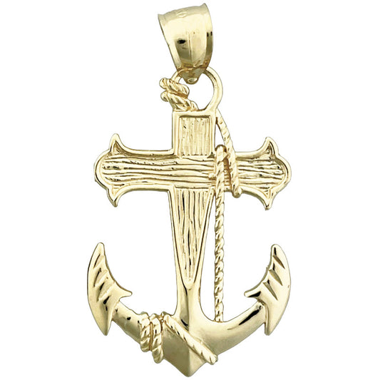 14K Gold Sailor Rope, Cross and Ship Anchor Pendant
