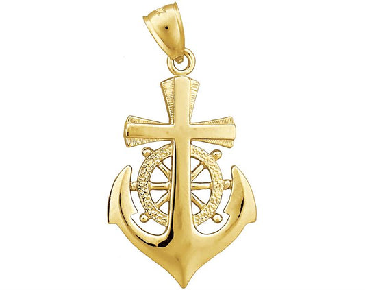 14K Gold Cross, Ship Wheel and Anchor Pendant