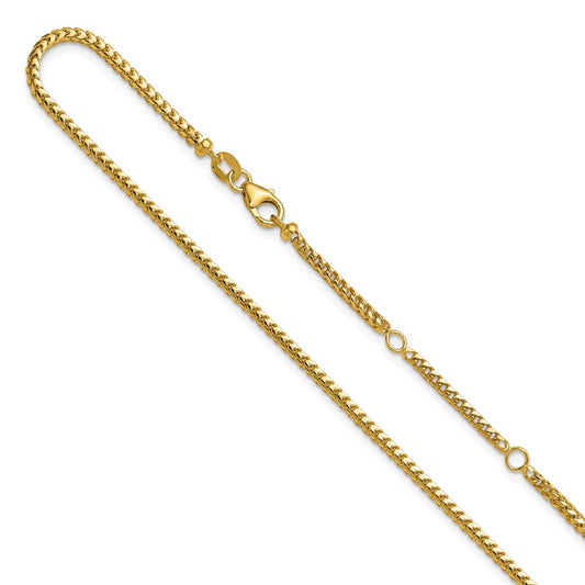 2 Inch 14K Yellow Gold 2.1mm D/C Open Franco 1In+1In Adjustable Chain Necklace