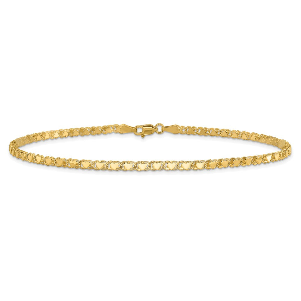14K Yellow Gold Polished Double-Sided Hearts Double Link 9 Inch Anklet