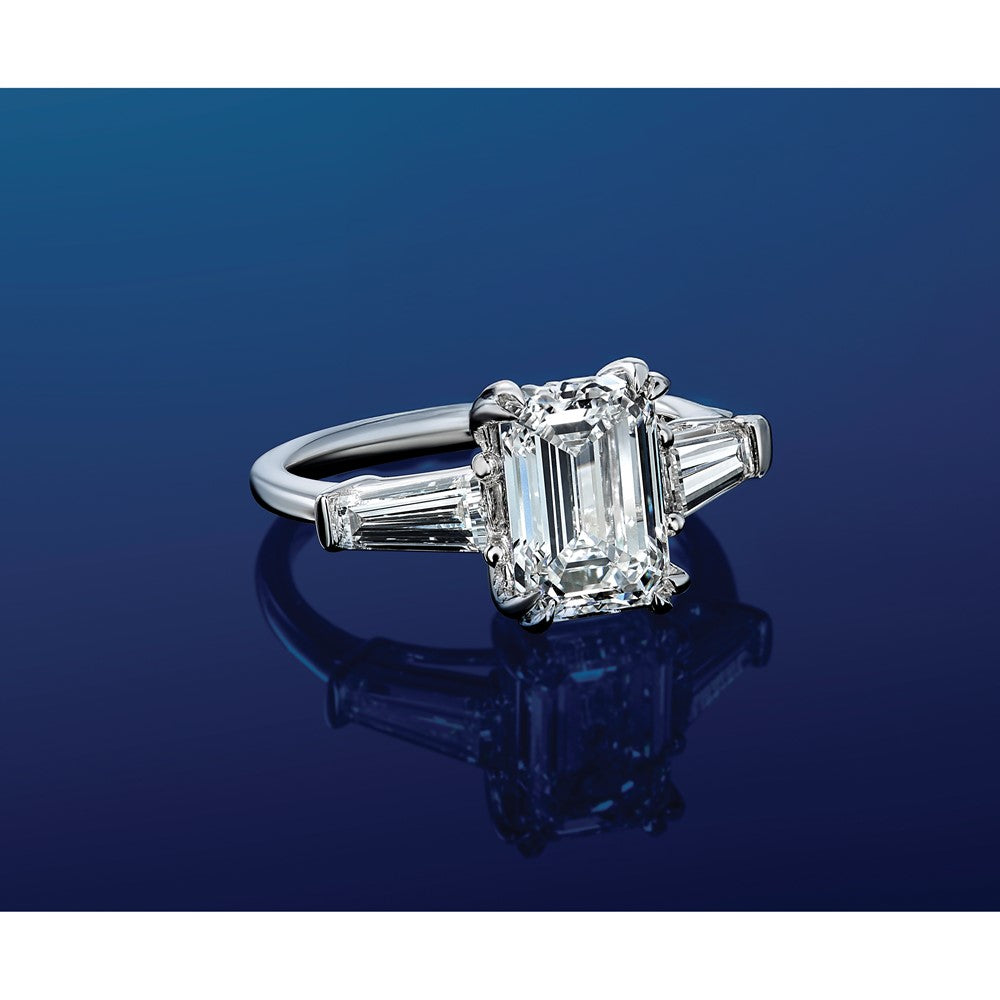 14K White Gold 3 1/3 carat Lab Grown Diamond VS+ F+ Complete Emerald and Tapered Baguette Engagement Ring