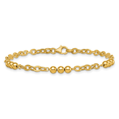 14K Yellow Gold Polished 3.5mm Fancy Beaded and Cable Link 7.5 Inch Bracelet